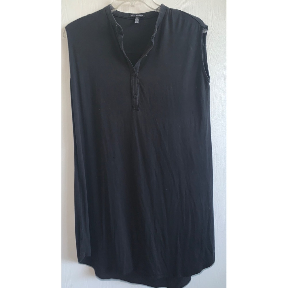 Eileen Fisher‎ Black Lyocell Blend Sleeveless Henley Tunic Shift Dress Womens XS